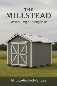 The Millstead backyard shed - traditional gable-style design with wooden siding, white trim, surrounded by green grass and landscaping, ready for DIY construction