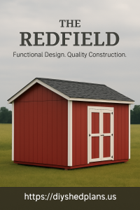 The Redfield shed plan features a traditional barn-inspired design with red-and-white siding, twin 3-foot barn doors centered on the long side, a gable roof pitched at 6/12, and sturdy 7-foot walls for practical storage and use.